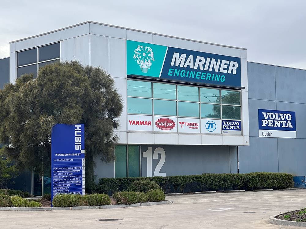 Mariner Engineering workshop in Spotswood with Volvo Penta dealer signage
